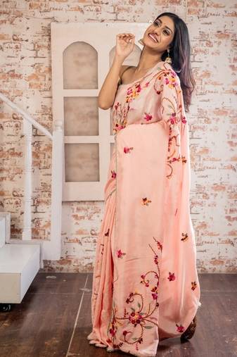 pink embroidered faux silk blend blend hand embroidery all seasons sarees