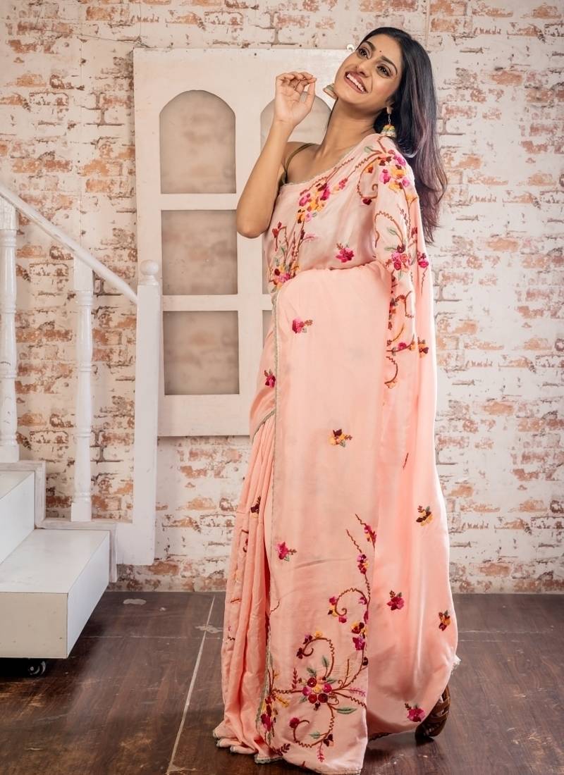 pink embroidered faux silk blend blend hand embroidery all seasons sarees