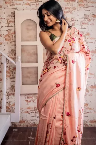 pink embroidered faux silk blend blend hand embroidery all seasons sarees