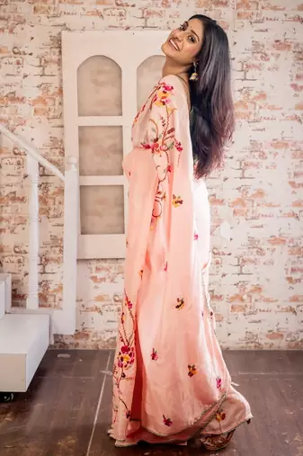 pink embroidered faux silk blend blend hand embroidery all seasons sarees