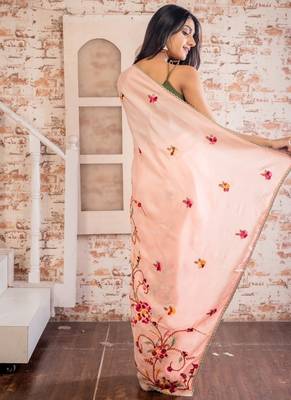 pink embroidered faux silk blend blend hand embroidery all seasons sarees 4