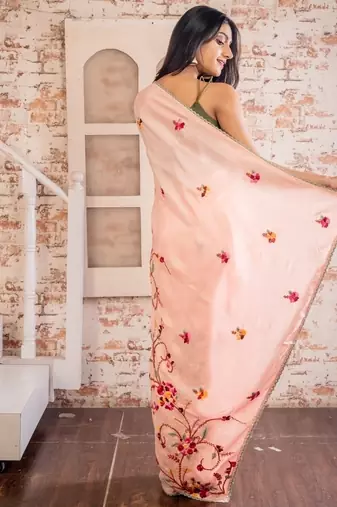 pink embroidered faux silk blend blend hand embroidery all seasons sarees