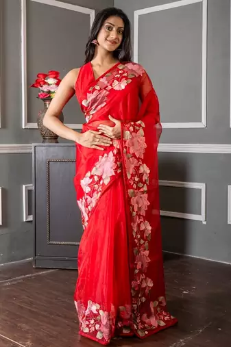 red embroidered organza hand embroidery all seasons sarees