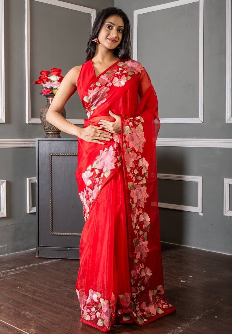 red embroidered organza hand embroidery all seasons sarees
