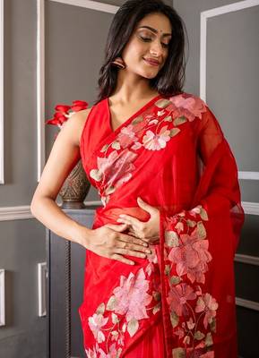 red embroidered organza hand embroidery all seasons sarees 2