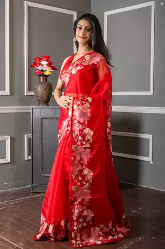 red embroidered organza hand embroidery all seasons sarees