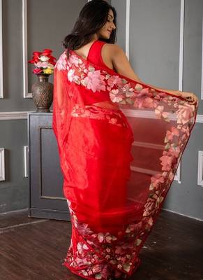 red embroidered organza hand embroidery all seasons sarees 4