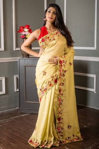 green embroidered faux silk blend blend hand embroidery all seasons sarees