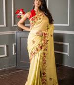 green embroidered faux silk blend blend hand embroidery all seasons sarees