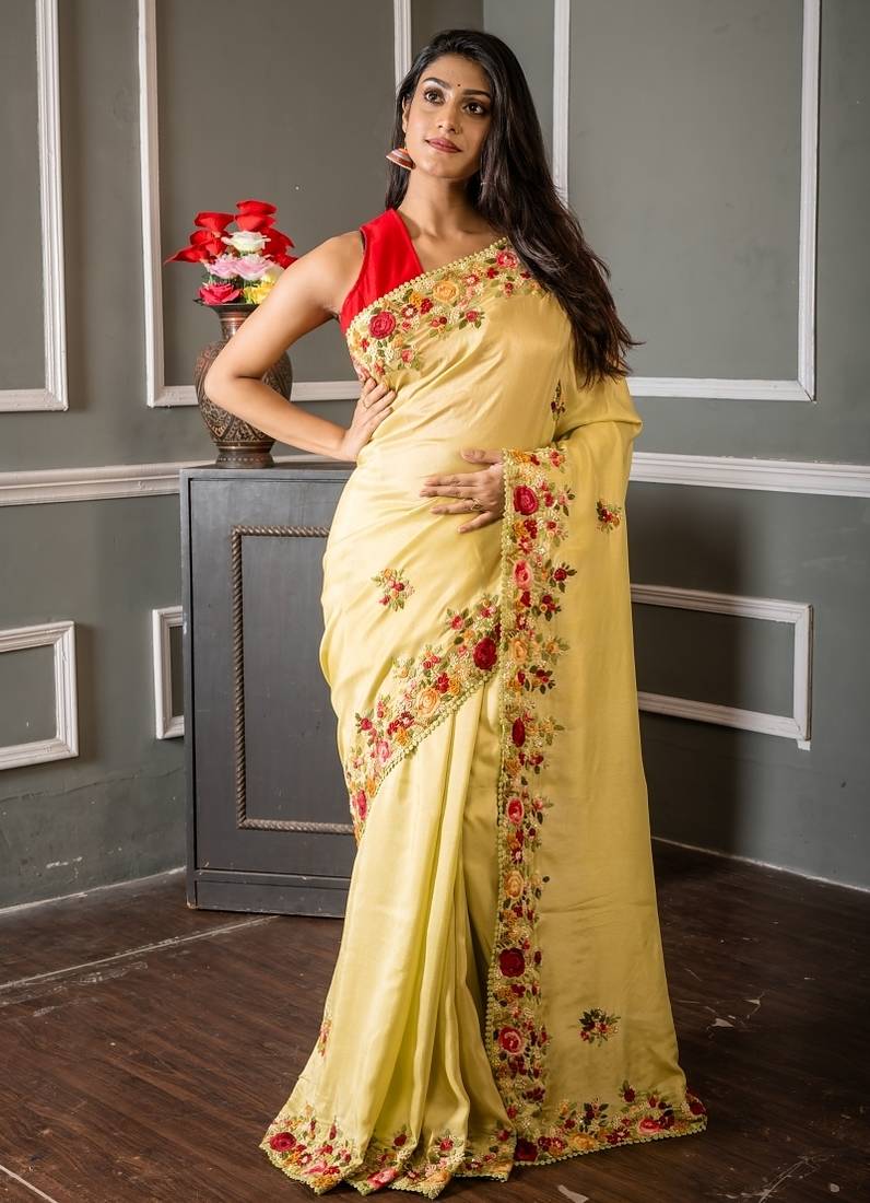 green embroidered faux silk blend blend hand embroidery all seasons sarees