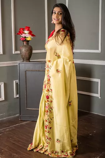 green embroidered faux silk blend blend hand embroidery all seasons sarees