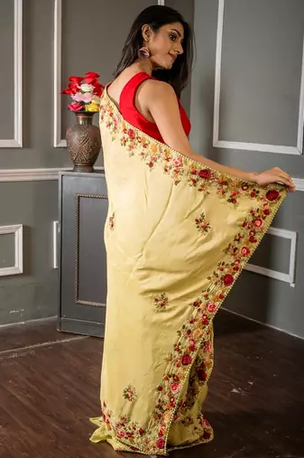 green embroidered faux silk blend blend hand embroidery all seasons sarees