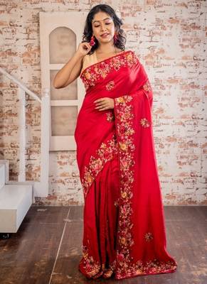 red embroidered faux silk blend blend hand embroidery all seasons sarees 1