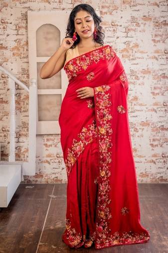 red embroidered faux silk blend blend hand embroidery all seasons sarees