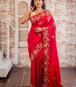 red embroidered faux silk blend blend hand embroidery all seasons sarees