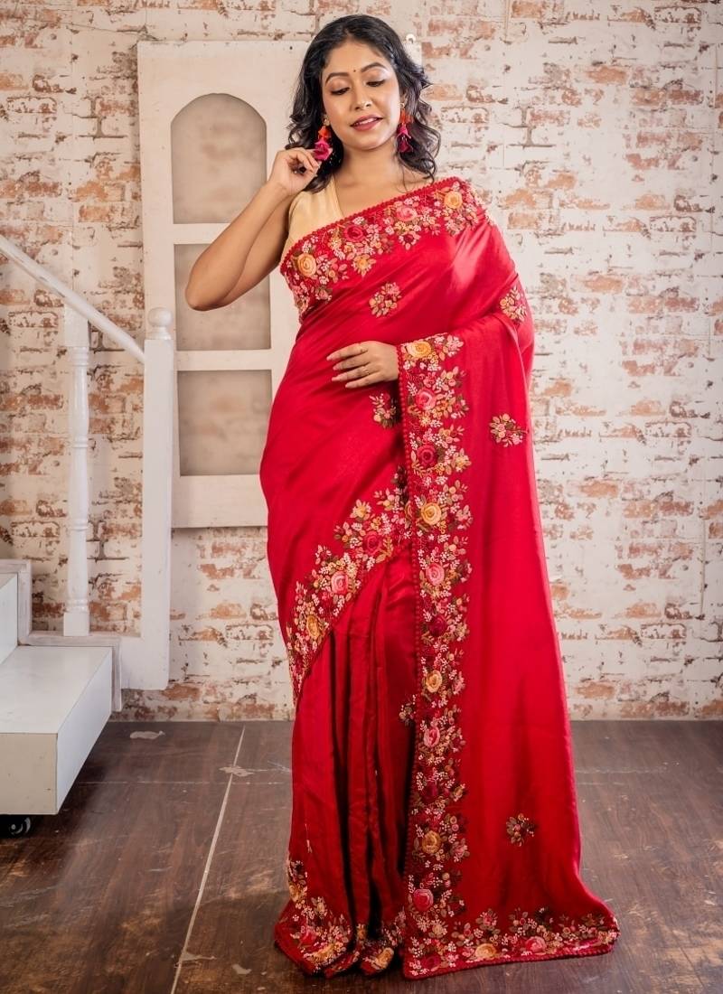 red embroidered faux silk blend blend hand embroidery all seasons sarees