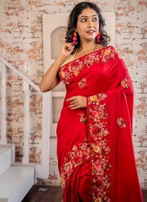 red embroidered faux silk blend blend hand embroidery all seasons sarees 2