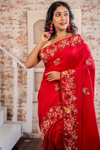 red embroidered faux silk blend blend hand embroidery all seasons sarees