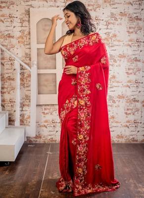 red embroidered faux silk blend blend hand embroidery all seasons sarees 3