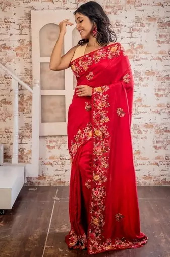 red embroidered faux silk blend blend hand embroidery all seasons sarees