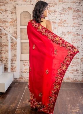 red embroidered faux silk blend blend hand embroidery all seasons sarees 4