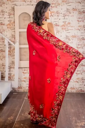 red embroidered faux silk blend blend hand embroidery all seasons sarees