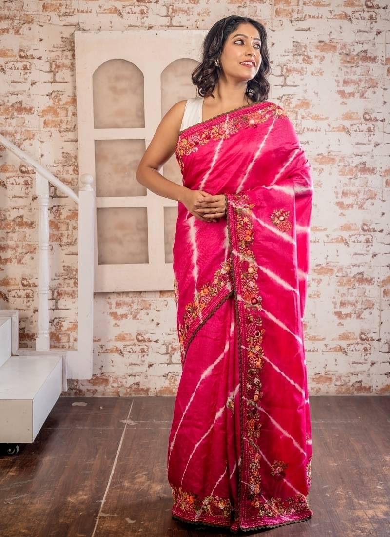 magenta hand woven tussar hand embroidery all seasons sarees