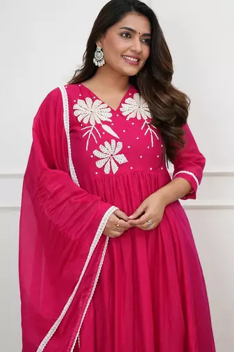 Pink roman silk embroidered embroiderd stitched suit