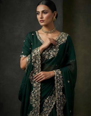 Dark Green Color Embroidery Work Of Beads & Sequins Work Fendy Satin Silk Saree 1