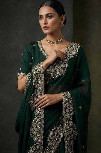 Dark Green Color Embroidery Work Of Beads & Sequins Work Fendy Satin Silk Saree