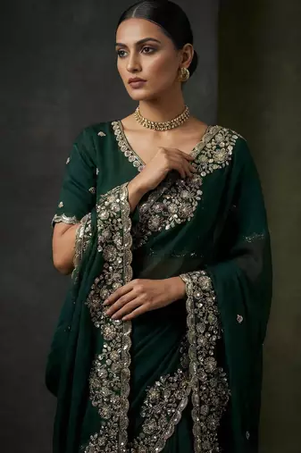Dark Green Color Embroidery Work Of Beads & Sequins Work Fendy Satin Silk Saree