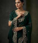 Dark Green Color Embroidery Work Of Beads & Sequins Work Fendy Satin Silk Saree