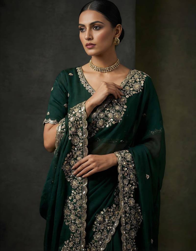 Dark Green Color Embroidery Work Of Beads & Sequins Work Fendy Satin Silk Saree