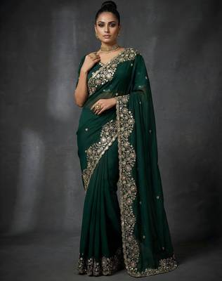 Dark Green Color Embroidery Work Of Beads & Sequins Work Fendy Satin Silk Saree 2