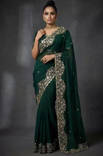 Dark Green Color Embroidery Work Of Beads & Sequins Work Fendy Satin Silk Saree