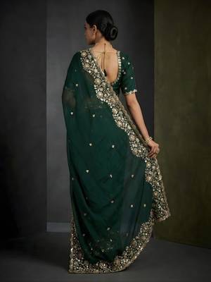 Dark Green Color Embroidery Work Of Beads & Sequins Work Fendy Satin Silk Saree 3