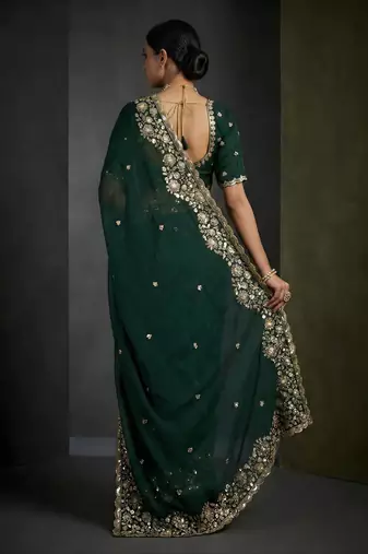 Dark Green Color Embroidery Work Of Beads & Sequins Work Fendy Satin Silk Saree