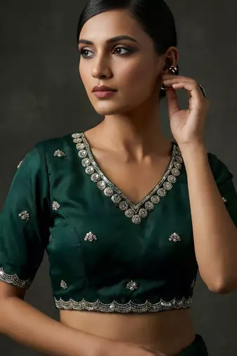 Dark Green Color Embroidery Work Of Beads & Sequins Work Fendy Satin Silk Saree