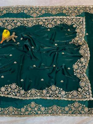 Dark Green Color Embroidery Work Of Beads & Sequins Work Fendy Satin Silk Saree 5