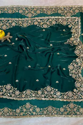 Dark Green Color Embroidery Work Of Beads & Sequins Work Fendy Satin Silk Saree