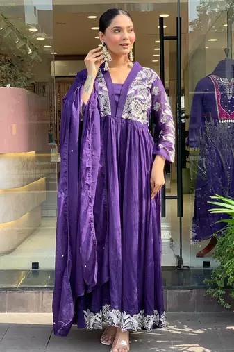 Lavender roman silk embroidered embroiderd stitched suit