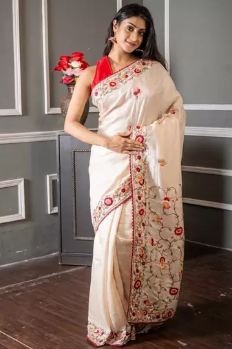 off white hand woven tussar hand embroidery all seasons sarees
