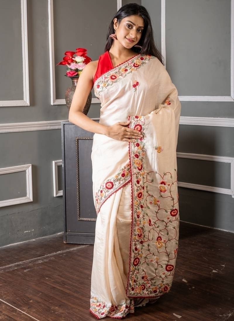 off white hand woven tussar hand embroidery all seasons sarees
