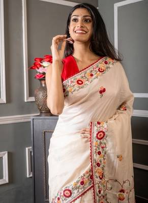 off white hand woven tussar hand embroidery all seasons sarees 2