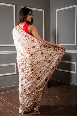 off white hand woven tussar hand embroidery all seasons sarees 4
