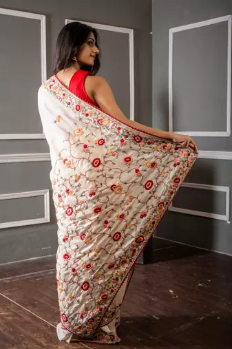 off white hand woven tussar hand embroidery all seasons sarees