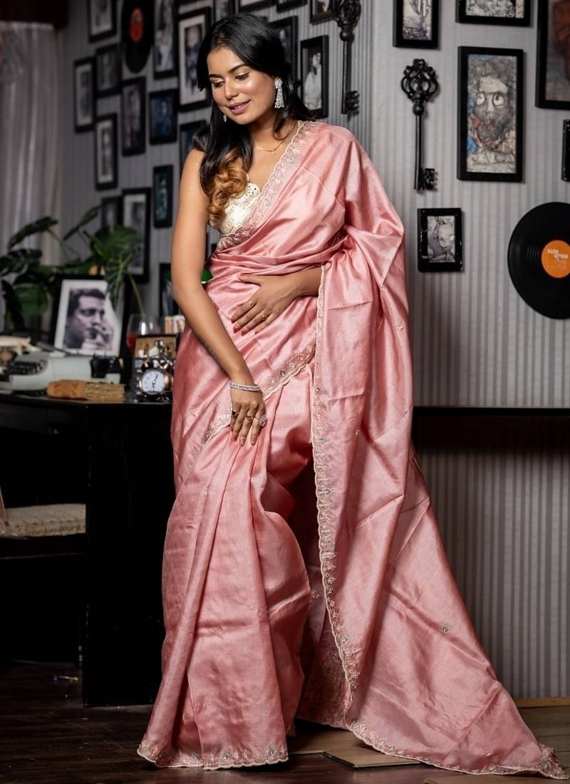 pink hand woven tussar zari work all seasons sarees