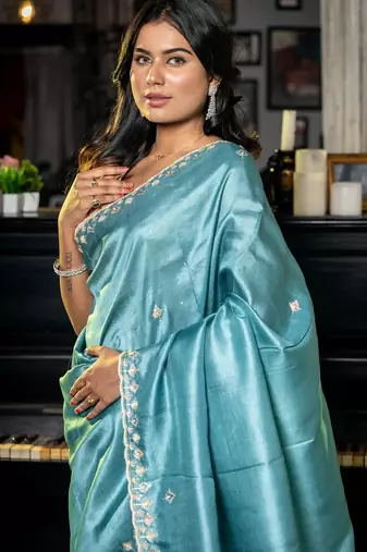blue hand woven tussar zari work all seasons sarees
