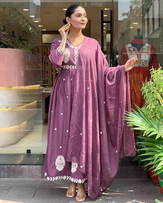 Purple p v chanderi embroidered embroiderd stitched suit 1