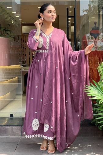 Purple p v chanderi embroidered embroiderd stitched suit